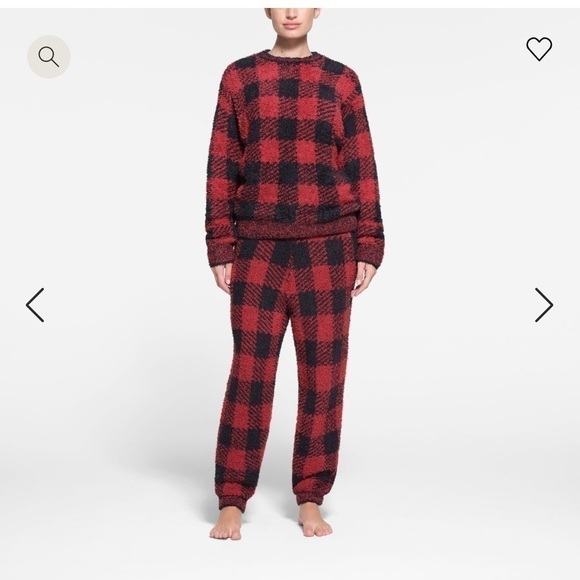 NWT SKIMS Cozy Knit Unisex Lounge Set - Brick Buffalo Check Oversized SET S/M - Picture 1 of 15